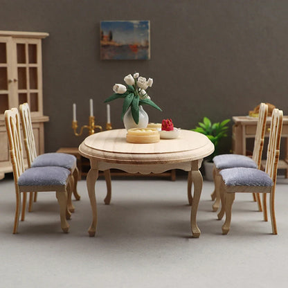 5Pcs/Set 1:12 Dollhouse Miniature Wooden Dining Table Chair Set Doll House Kitchen Furniture Toy