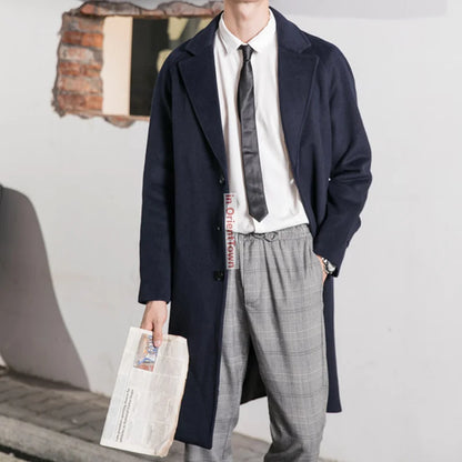 Thickened Slim Fit Lapel Trench Coat for Autumn and Winter Long Woolen Overcoat for Men Double-Sided Woolen Cashmere Windbreaker