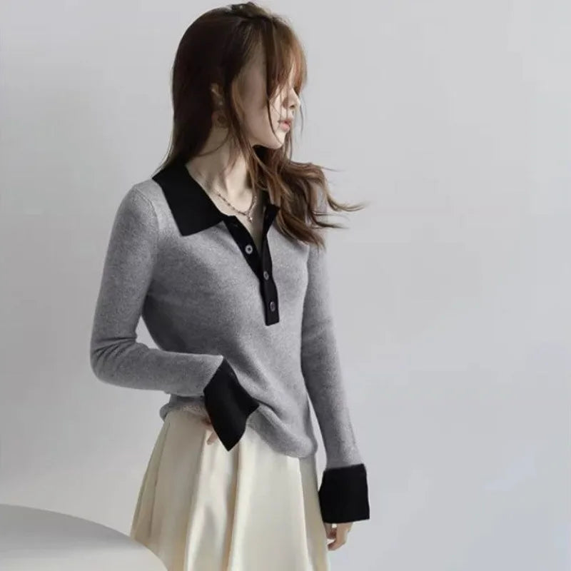 Long Sleeve Female Tee Knitted Button Women's Polo Shirts Contrasting Colors T-shirts Youthful Clothes Pretty Polyester on Offer