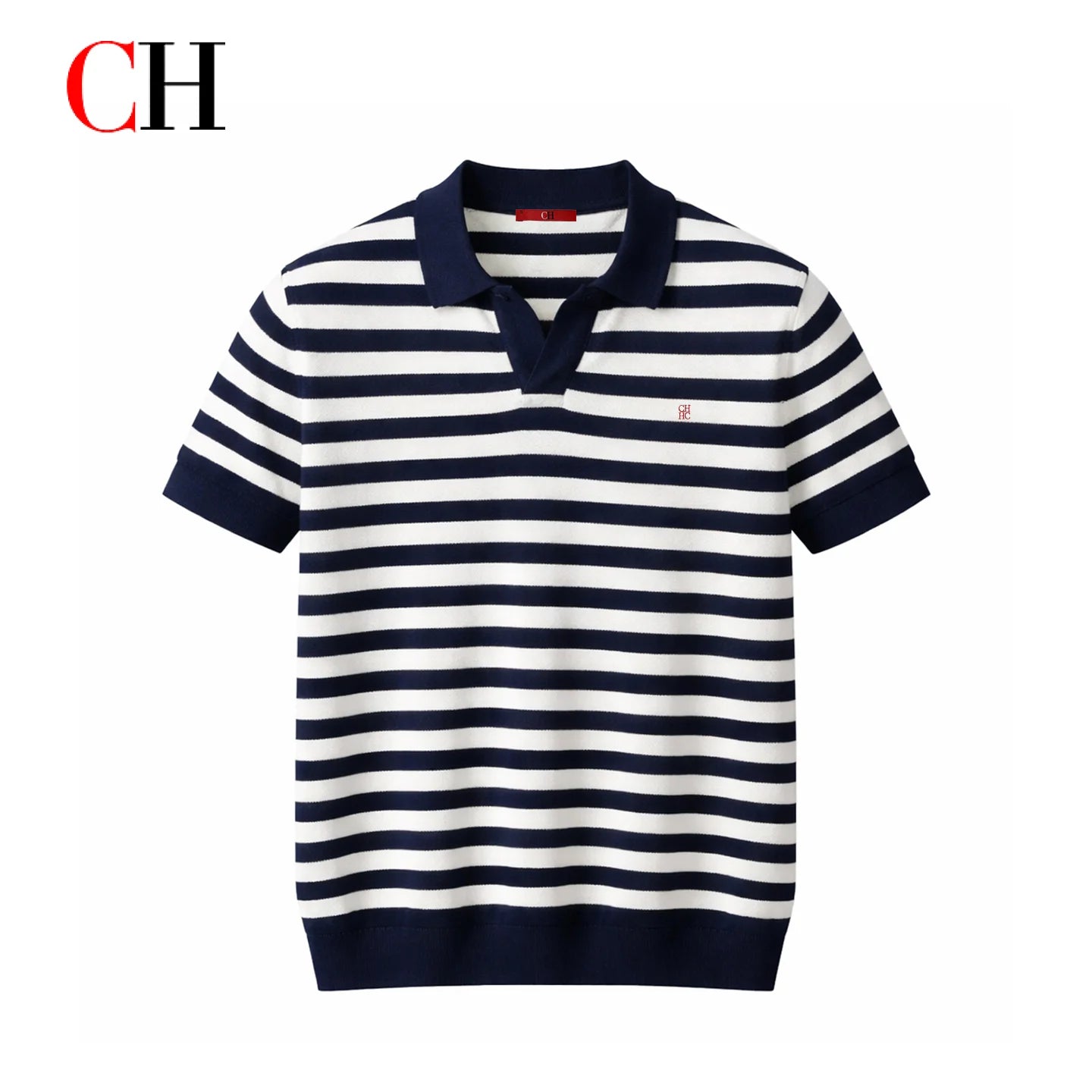 CH Men Two Tone Striped Short Sleeve Polo Shirt Distinct Tiny Brand Embroidery Left Chest Minimalist Golf Vacation Commute Wear