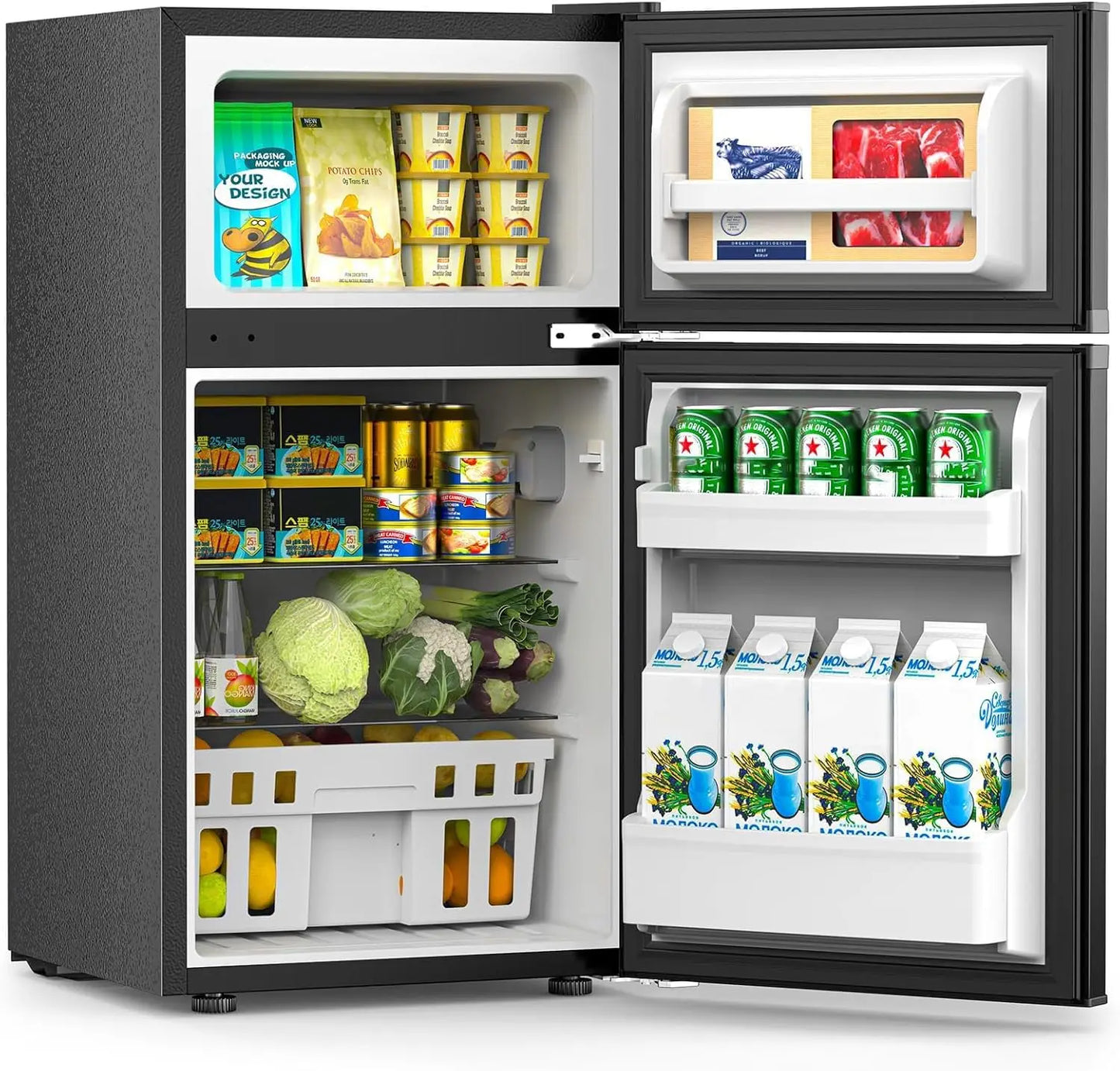 3.2 Cu.Ft Fridge with Freezer, Double Door Compact Fridge for Bedroom, Adjustable Thermostat, Energy