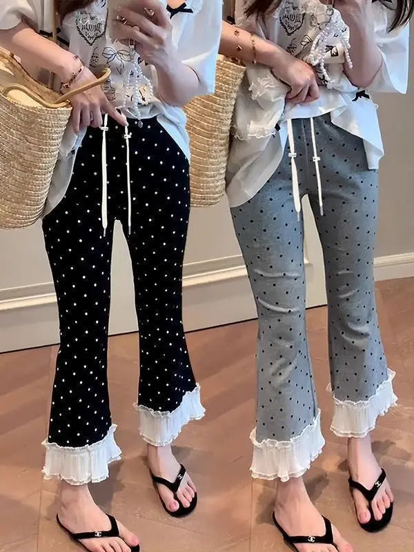 High Waist Lace Trim Bell Bottom Pants Women Summer 2026 New Style Slim Fit Small Size Nine Point Straight Micro Flared Polka...