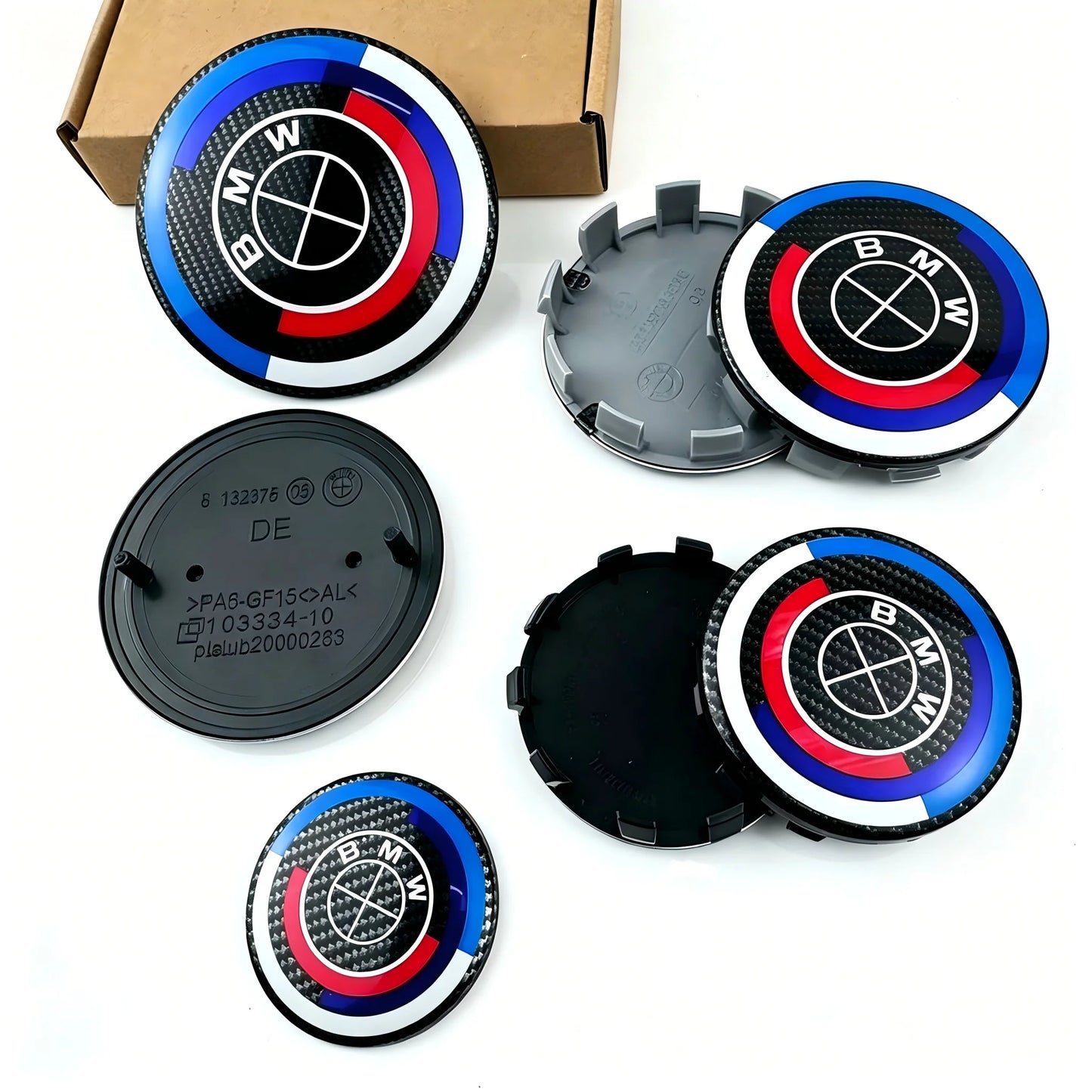 7pcs for BMW E36 E46 E53 E90 E60 E61 E93 E87 50th Car Hood Front Rear Trunk Emblem Wheel Center Hub Cap X1 X3 X5 F30 F20 G30