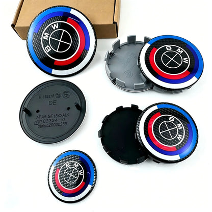 7pcs for BMW E36 E46 E53 E90 E60 E61 E93 E87 50th Car Hood Front Rear Trunk Emblem Wheel Center Hub Cap X1 X3 X5 F30 F20 G30