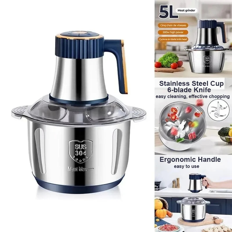 5L Electric Meat Grinder Chopper Stainless Steel Meat Vegetables Blender, 500W Household Stuffing Food Processor Mincer 5 Modes
