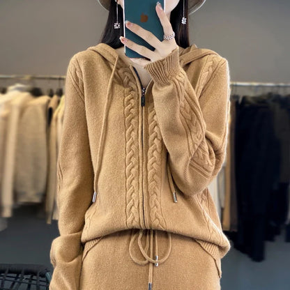 Women's Pure Cashmere Hooded Cardigan 2-Piece Set with Twisted Flower Design Loose Sweater And Wide-Leg Pants Wool Blend