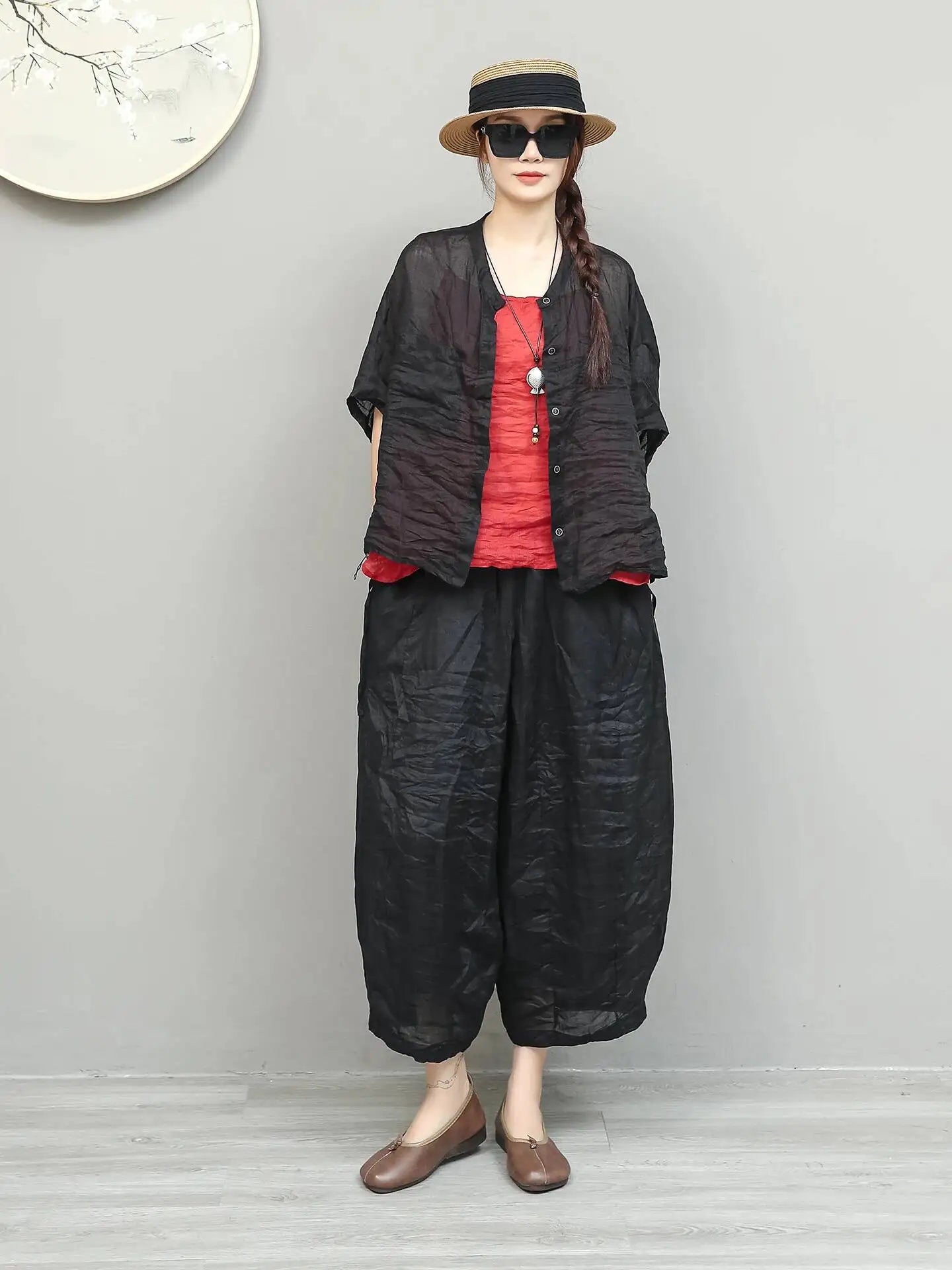 Lightweight Ramie Pant Women Summer Loose Wide-leg Cropped Pants Black LX5765