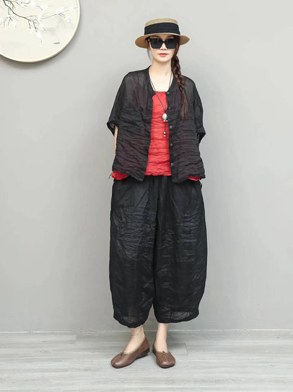 Lightweight Ramie Pant Women Summer Loose Wide-leg Cropped Pants Black LX5765