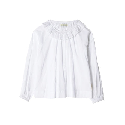 Women's White Ruffled Neckline Long - Sleeve Shirt Loose Fit Pleated Front Blouse 255170