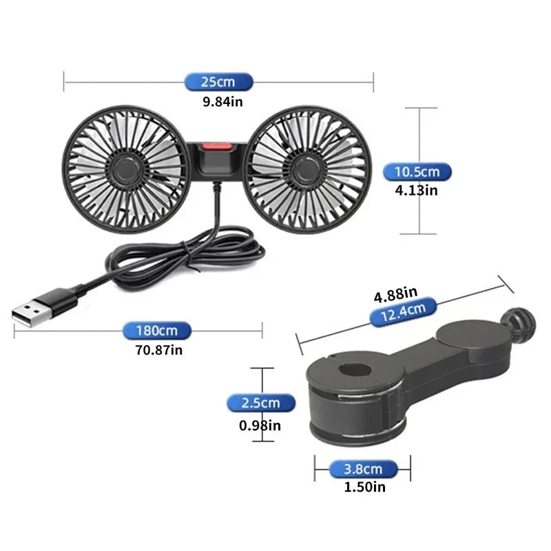 Dual Head USB Car Fan 360° Rotatable Portable Electric Air Conditioner Seat Fan 3 Speed for Home Office Driving