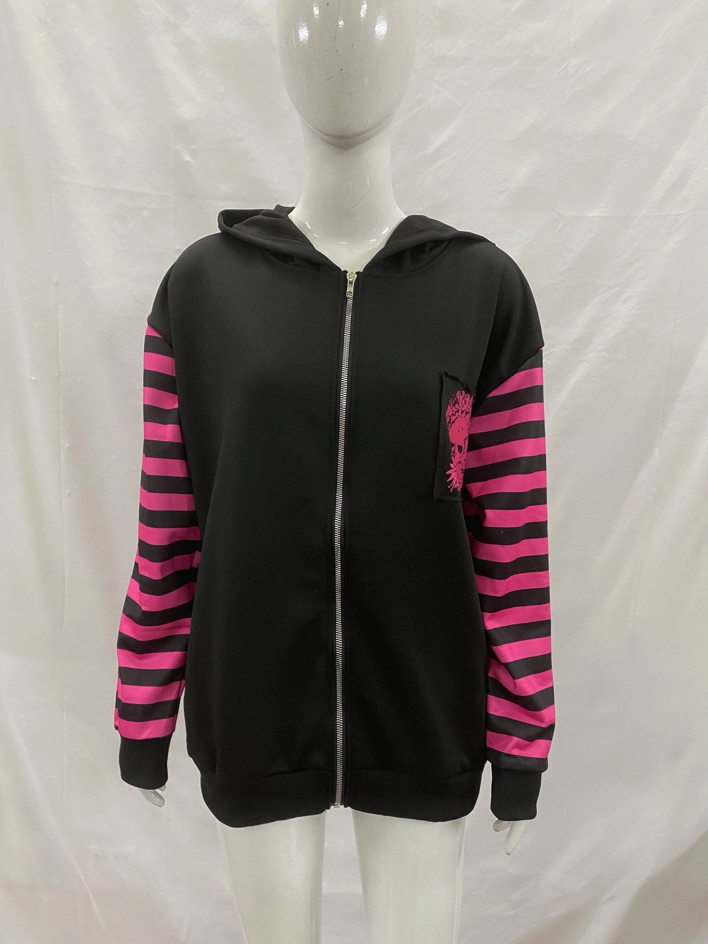 2026Y2K Goth Women's Bunny Ear Zip Up Hoodie Skull Print Striped Punk Aesthetic Streetwear Hooded Sweatshirt