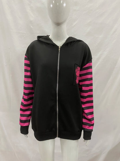 2026Y2K Goth Women's Bunny Ear Zip Up Hoodie Skull Print Striped Punk Aesthetic Streetwear Hooded Sweatshirt
