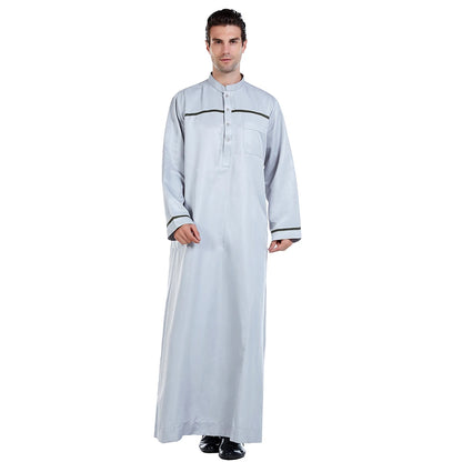 TH818 Men's Muslim Middle Eastern Men Long Sleeves Stand Collar Color-matching Button Robe Ramadan Eid Jubba Thobe