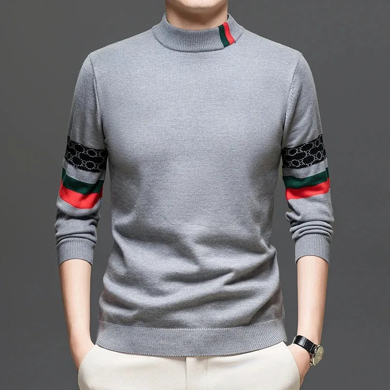 High End Big Brand Semi High Neck Sweater for Men with Thick Velvet and Autumn/winter Fashionable Warm Base Shirt for Men
