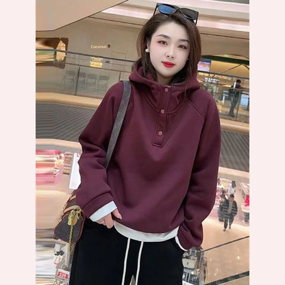 New Women's Hooded Sweatshirt Fleece Lined Thickened Warm Casual Loose Lazy Style Top for Winter Fashion Small Stature