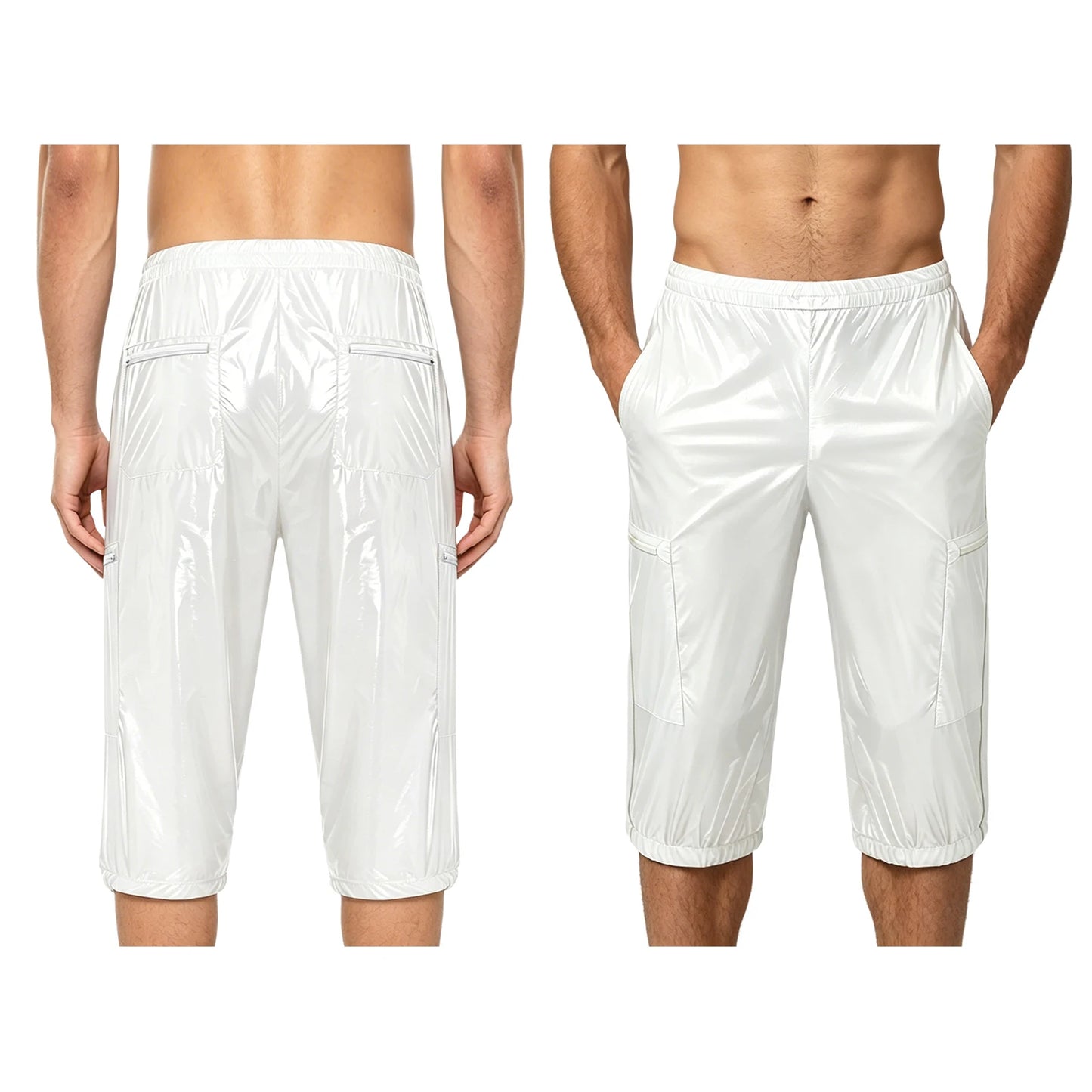 Men Oil Glossy Cargo Shorts Waterproof Elastic Waist Band Multi-pocket Zipper Overalls Capri Pants Dance Clubwear Beach Swimwear