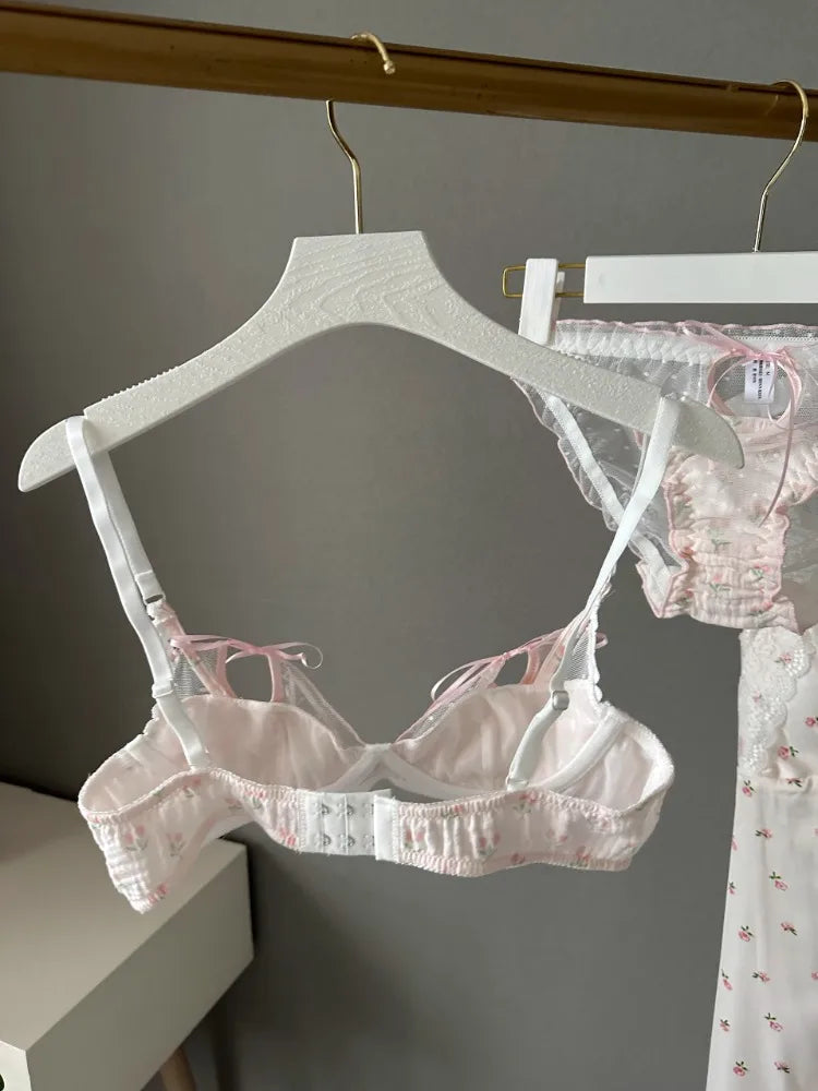 YUQI Kawaii Lace Bralette Set Japanese Floral Mesh Underwear Summer Ultra-Thin Lace-Up Cutout Romantic Bra 2024 New Kawaii set