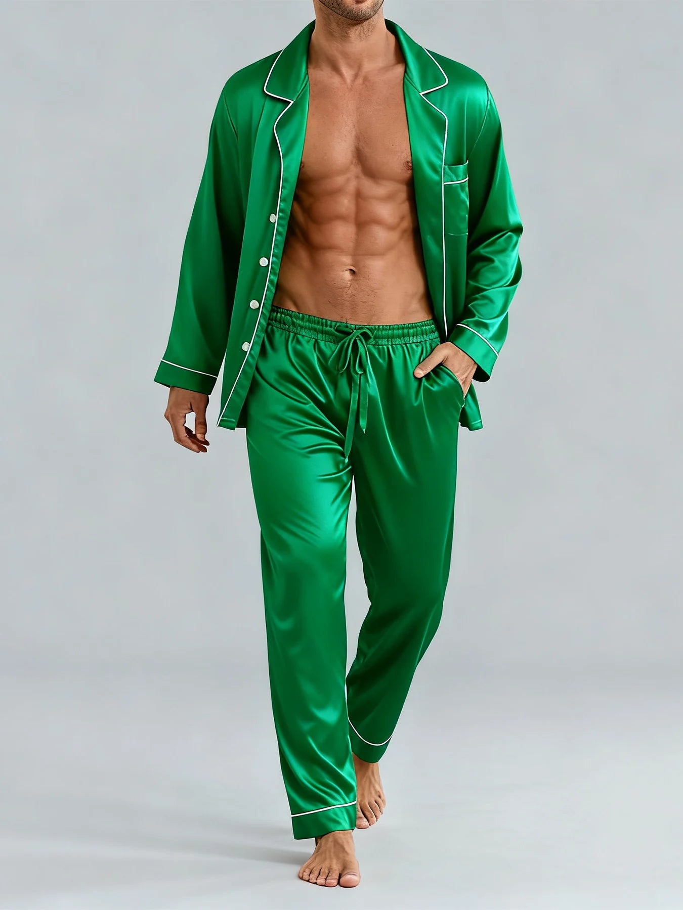 Men's Luxury Faux y Pajama Set with Black and White Contrast Trim, Long Sleeve and Pants, Comfortable Loose-Fit Loungewear