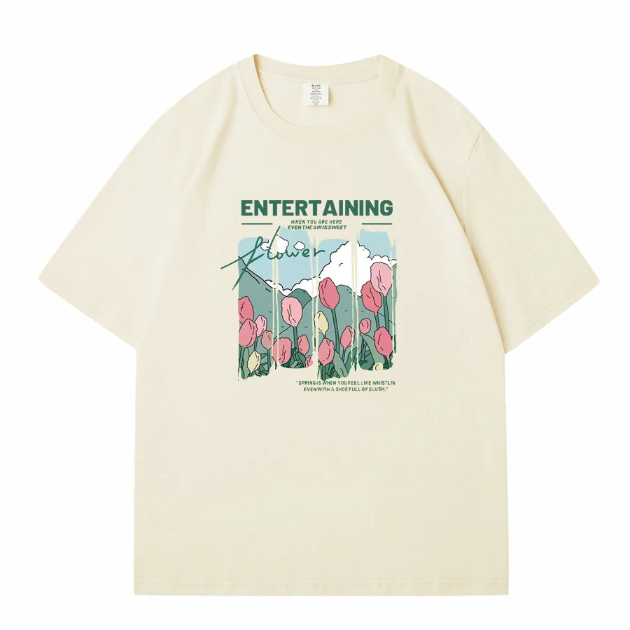 WAVLATII Women New Comics Flowers Printed T shirts Female Beige Streetwear Summer Tees Lady Casual Short Sleeve Tops WT2329