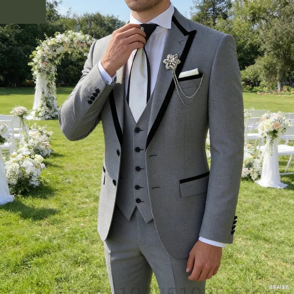 Men's Solid Slim Fit 3-Piece Business Suit Set with Blazer Vest And Pants for Wedding Party Luxury Fashion Tuxedo