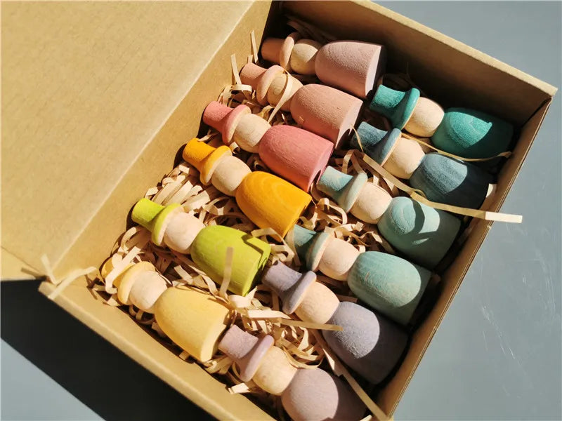 Rainbow Wood Peg Dolls Pastel Color  Wizard Figures Montessori Toy For Kids Block Play