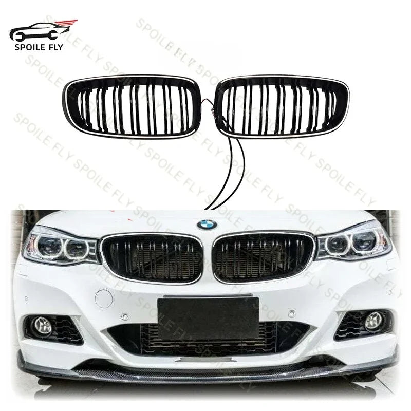 For BMW 3 Series GT F34 2012 - 2020 Double Lines Fromt Bumper Kidney Racing LED Light Grille Lamp Grill Gloss Black Car Styling