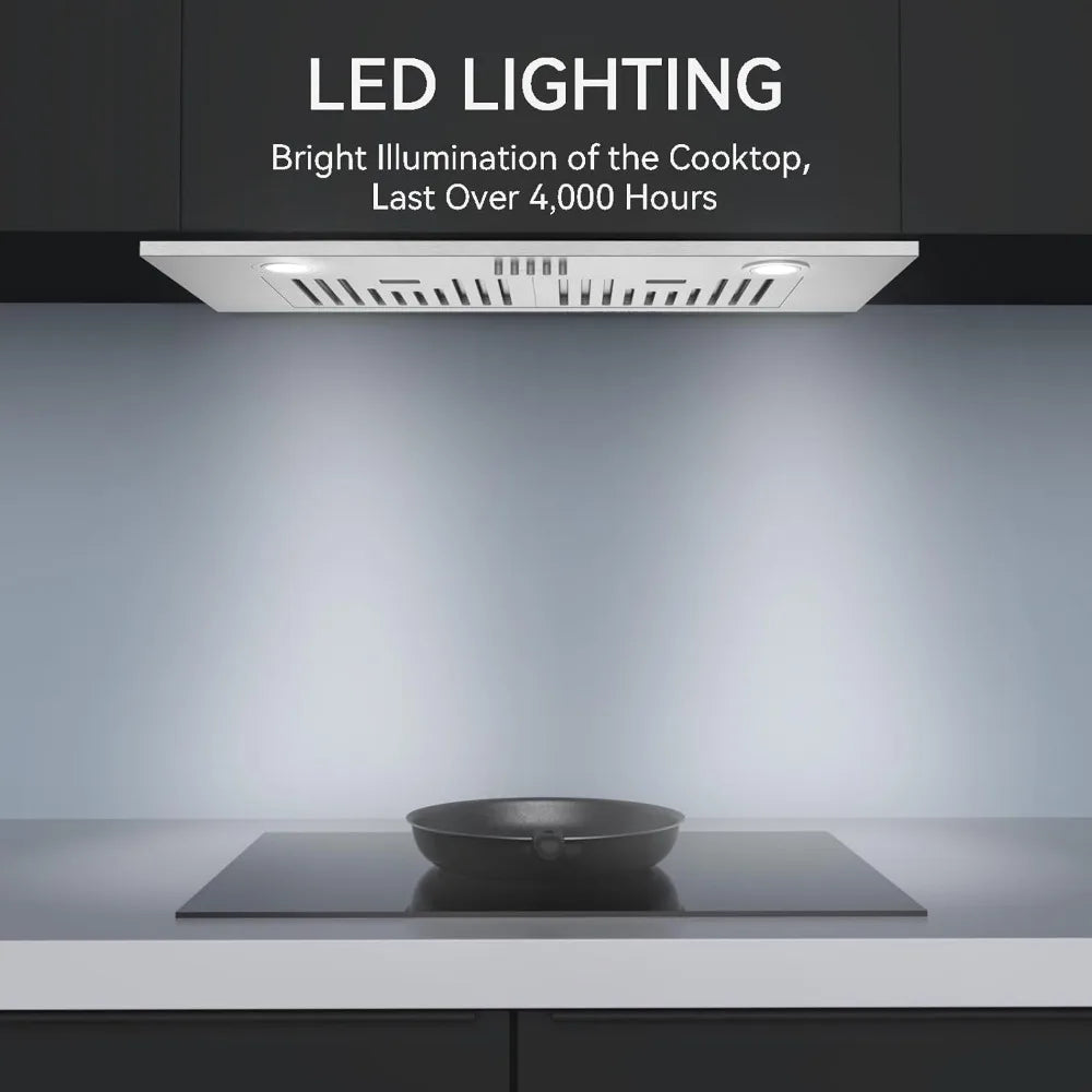 30 inch Built-in Range Hood, 600 CFM, 3 Speed, Ducted/Ductless, Stainless Steel with LED Light and Baffle Filters