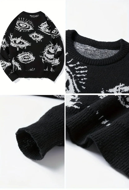 LVLAEA Men's Knit Pullover Shirt, Long Sleeve Jacquard Sweater with Eyes Pattern for Winter Fall Casual & Lounge Wear, Anti-Pill