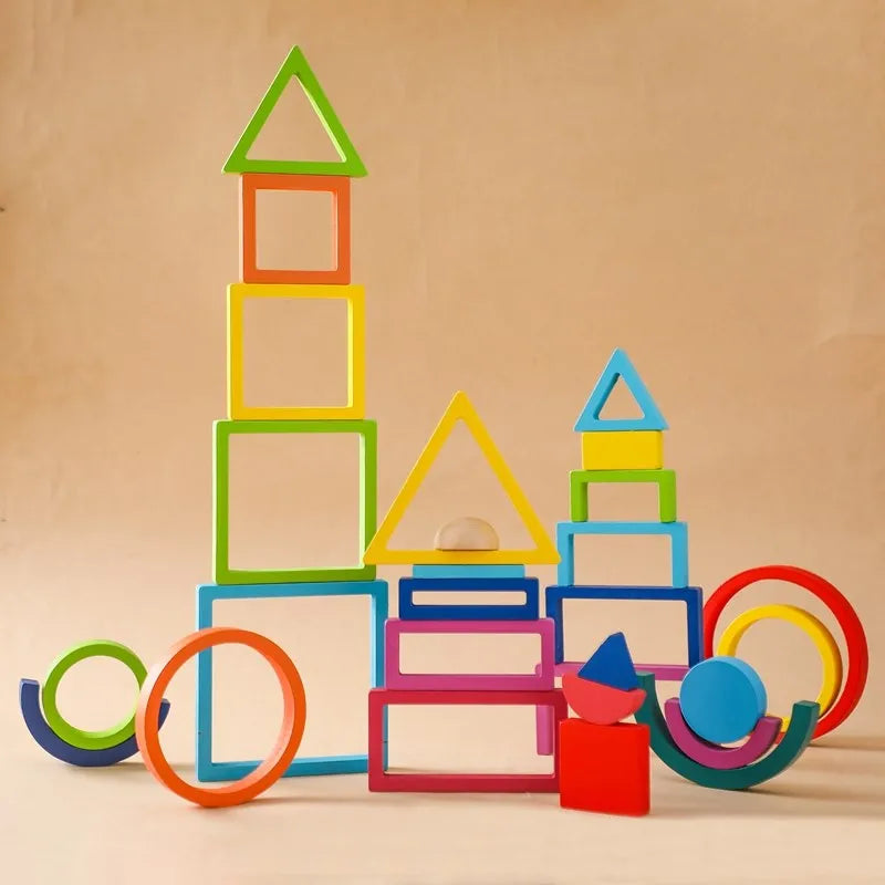 Montessori Wooden Block Toys Baby Building Rainbow Stacking Block Toy for Kids Arch Educational Game Balance Stacking Block Gift