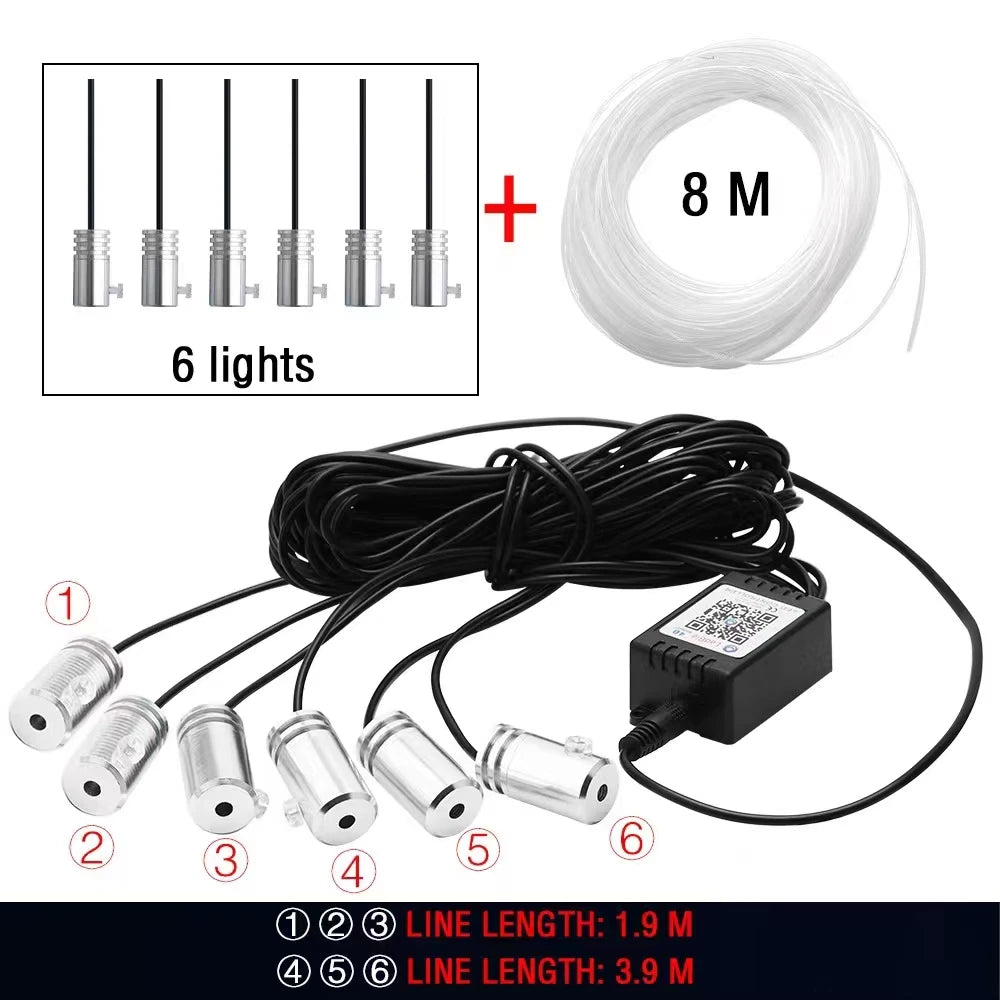 6 in 1 RGB LED Atmosphere Car Light Interior Ambient Light Fiber Optic Strips Light by App Control DIY Music 8M Fiber Optic Band