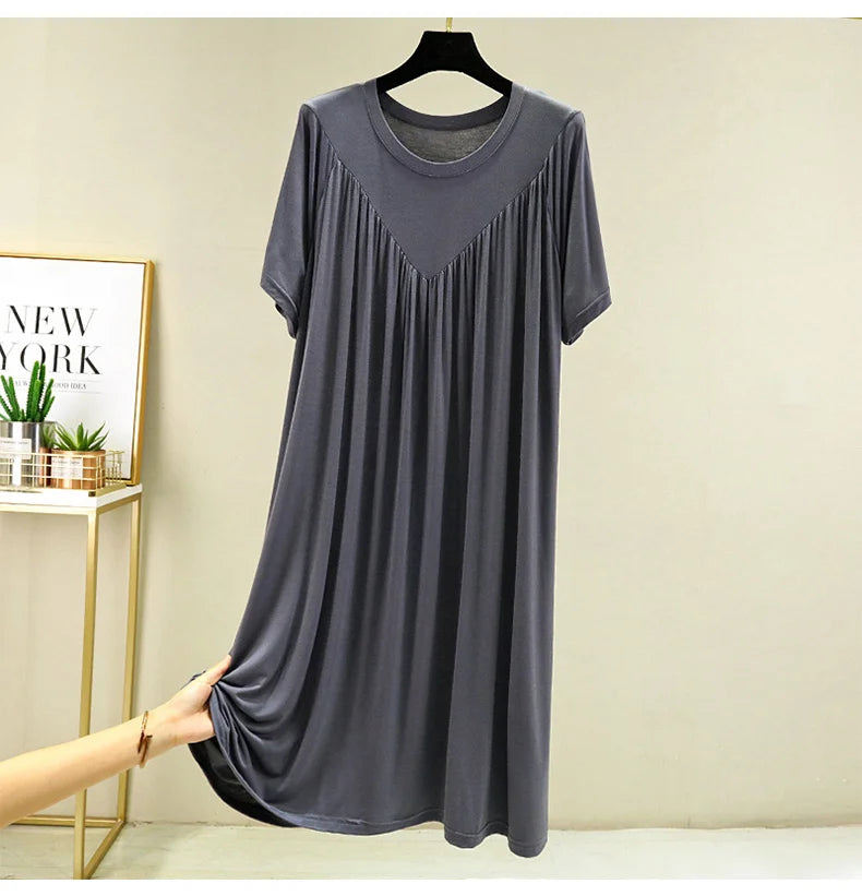 Loose plus Size Sp Dr Modal Women's Summer Thin Home Gown Skirt Sle round Ne ort Sve Long Dr Korean Sle