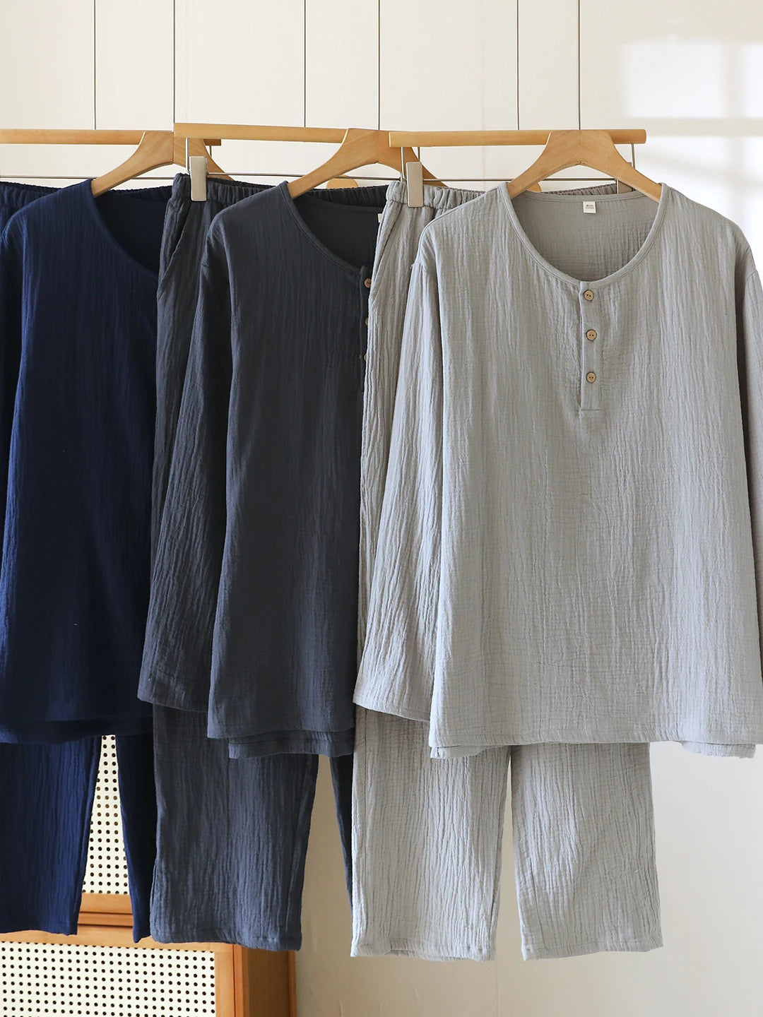 100% Pure Cotton Sleepwear Long Sleeve round Neck Hooded Home Clothes Set for Men Double Layer Gauze Spring Autumn New Style