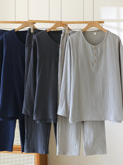 100% Pure Cotton Sleepwear Long Sleeve round Neck Hooded Home Clothes Set for Men Double Layer Gauze Spring Autumn New Style