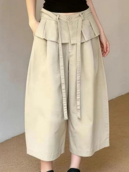 Summer New Korean Style Khaki Design Casual Pants Women plus Size Loose Slimming Nine Points Trousers High Waist Straight Leg