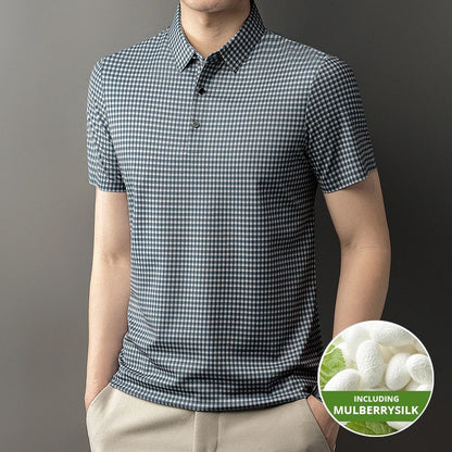 2025 Top Grade Mulberry Silk Anti-wrinkle New Summer Brand Polo Shirt Short Sleeve Casual Tops Fashions Checkered Mens Clothes