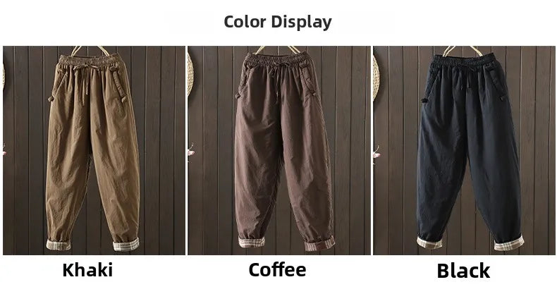 Retro  Color Cotton Filled Casual Loose Harem Pants Small Footed Trousers Winter Outerwear for Women plus Size