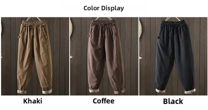 Retro  Color Cotton Filled Casual Loose Harem Pants Small Footed Trousers Winter Outerwear for Women plus Size