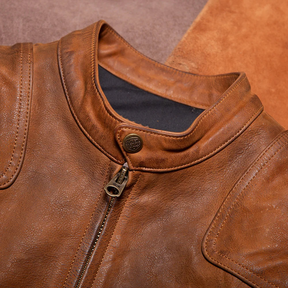 American Retro Venom Raw Hide Uncoated Frosted Cowhide Distressed Slim Fit Short Motorcycle Jacket for Men Genuine Real Leather