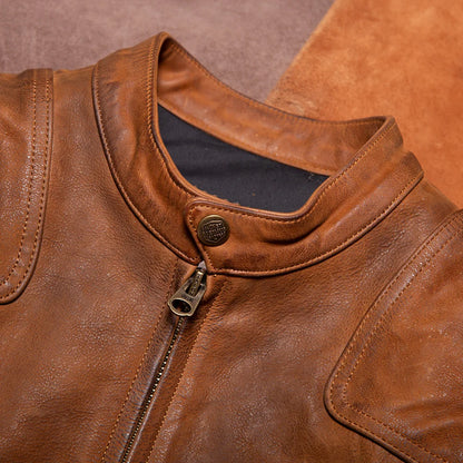 American Retro Venom Raw Hide Uncoated Frosted Cowhide Distressed Slim Fit Short Motorcycle Jacket for Men Genuine Real Leather
