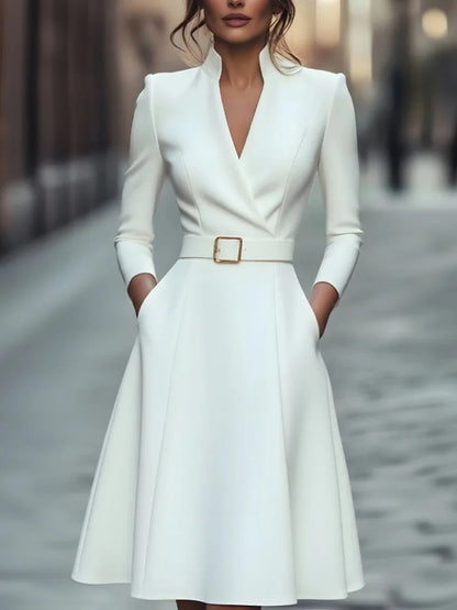 Autumn and winter temperament commuting waist slimming V-neck long-sleeved A-shaped medium-long belt skirt for women