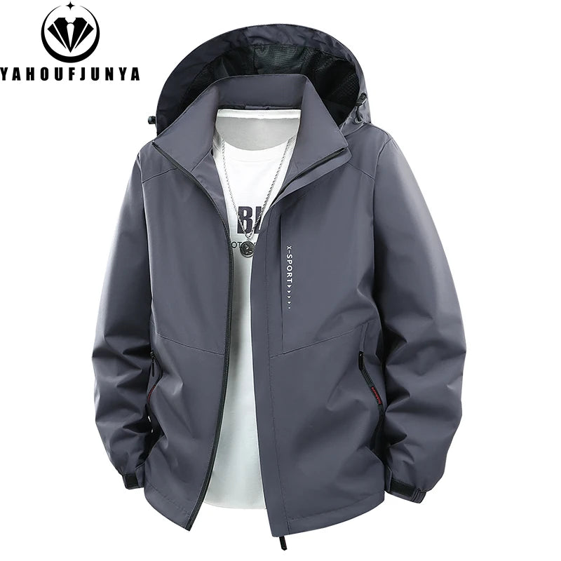 Spring Men Outdoor Leisure Windbreak Removable Hooded Jacket Men Autumn Many Pocket Fashion Brand Jacket Coat Male Clothing 8XL