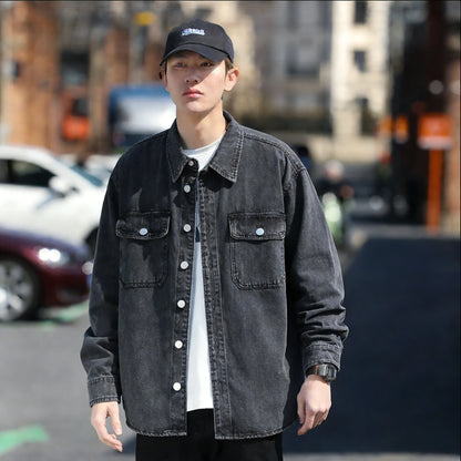 Retro Japanese Style Long Sleeve Denim Jacket Washed out Casual Workwear Versatile Spring Autumn Denim Shirt