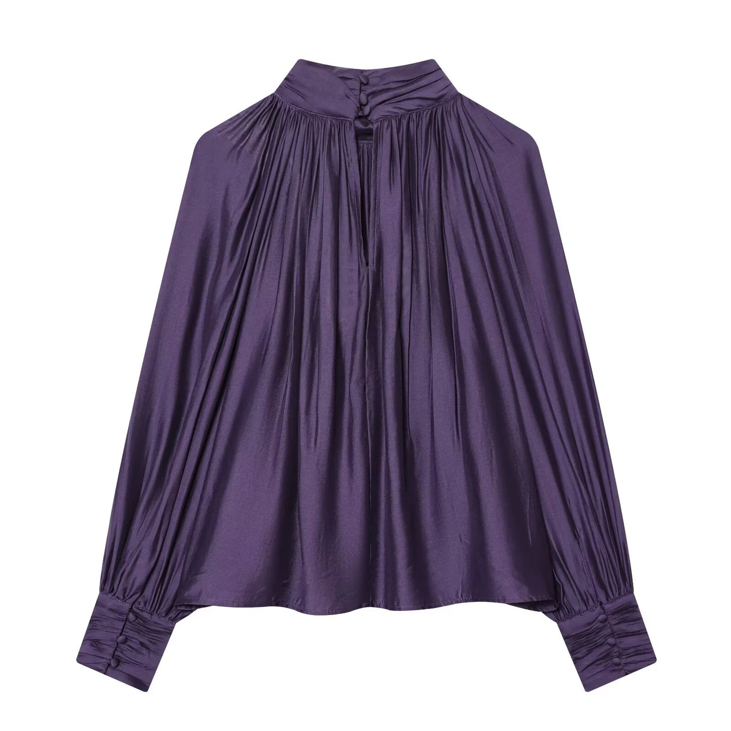 Spring new women's clothing minimalist style stand up collar shoulder inserted lantern long sleeved pleated top