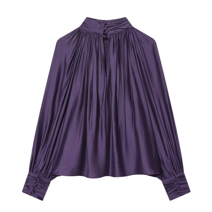 Spring new women's clothing minimalist style stand up collar shoulder inserted lantern long sleeved pleated top