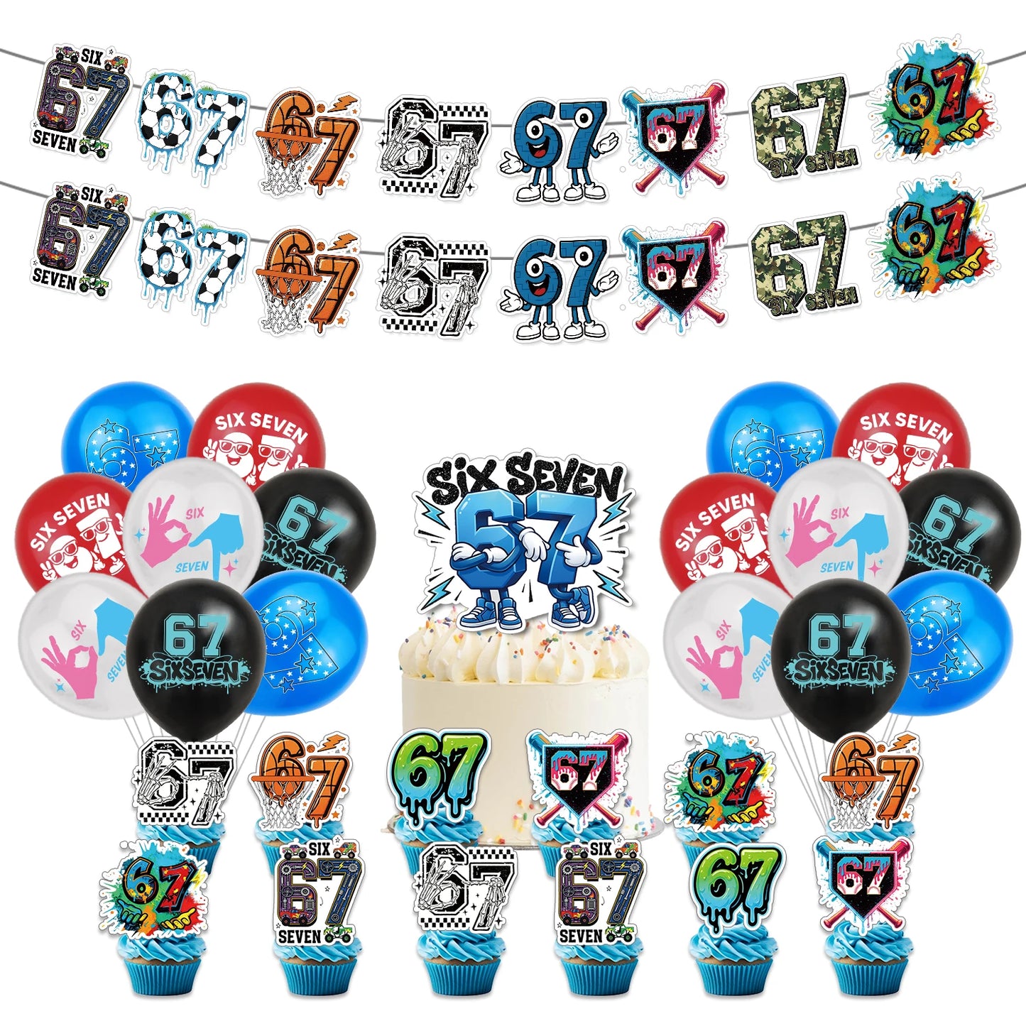 I WAS 6 NOW IM 7 Number 67 Themed Birthday Party Decoration Banner Balloon Cake Toppers＆ Make A Face DIY Stickers Creative Gift
