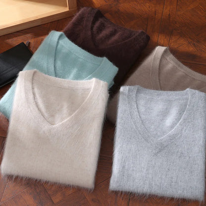 Men's 100% Pure Mink Cashmere Sweater V-neck Pullover Knit Bottoming Shirt Autumn And Winter New Long-Sleeve High-End Mink Tops