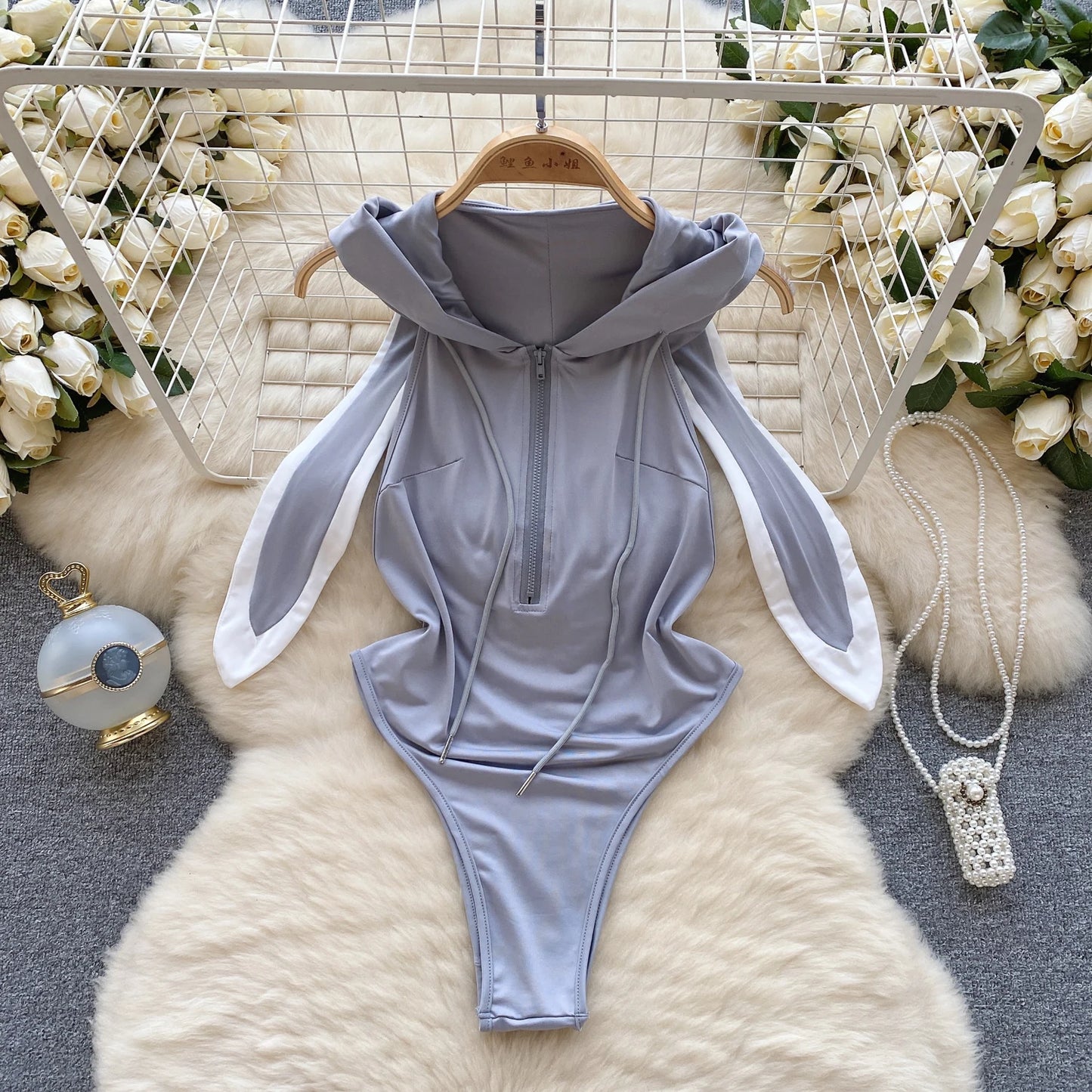 Cute Gray Rabbit Ear Hood Top Sexy Backless Slim Fit Bodysuit Zip Sleeveless Women Sexy Erotic Lingerie Bunny Cosplay Playsuit