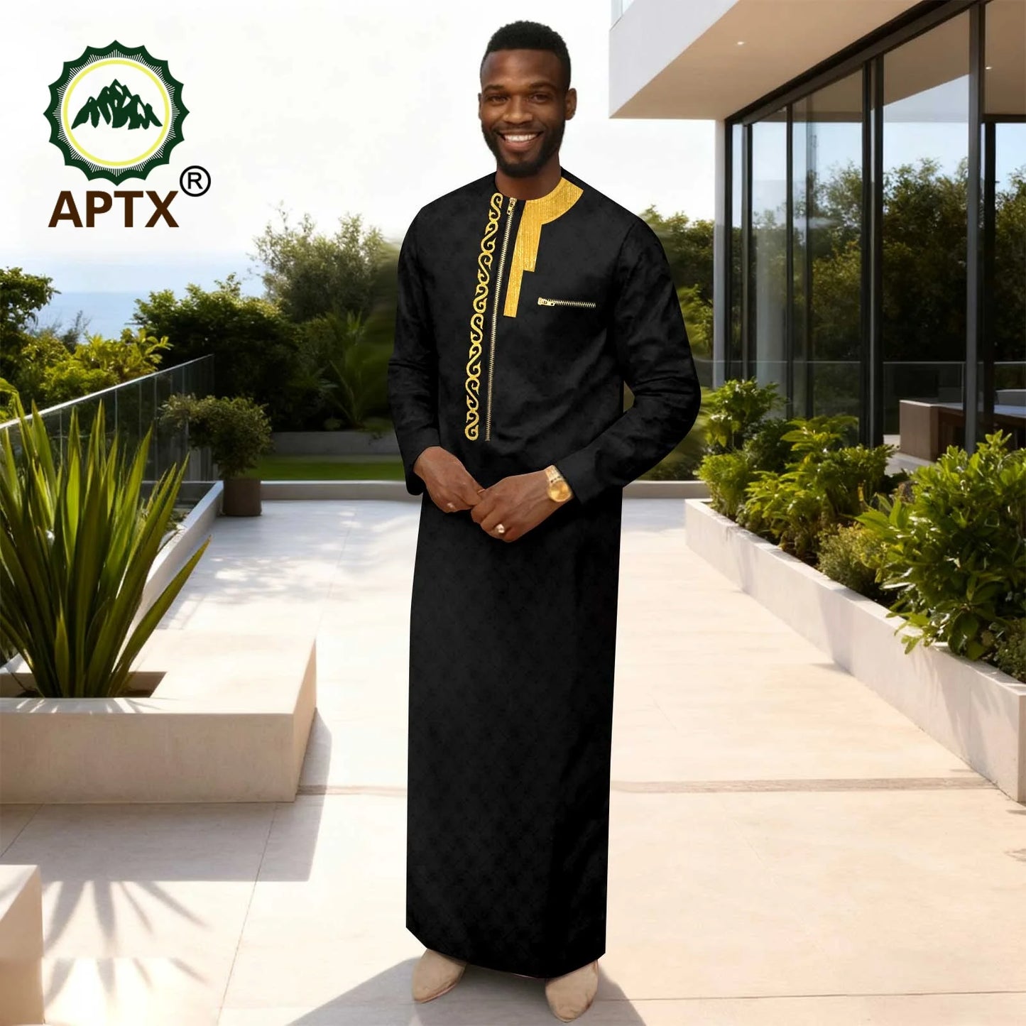 APTX Men's Traditional Muslim Robe 3-Pcs Set Long Sleeves African Dress Middle East Jubba Thobe Wedding Suit
