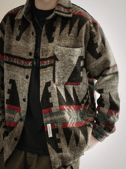 ‌Japanese Vintage Heavyweight Flannel Shirt For Men Ethnic Print Long Sleeve Loose Fit Oversized Autumn Winter Fashion Coat