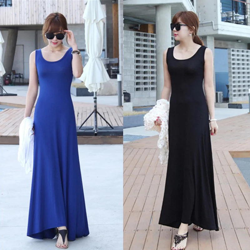 Summer Thin Modal Long Dress Women Loose Black Versatile Dress Strap Vest Skirt Sleeveless Large Size A-Line Korean Style